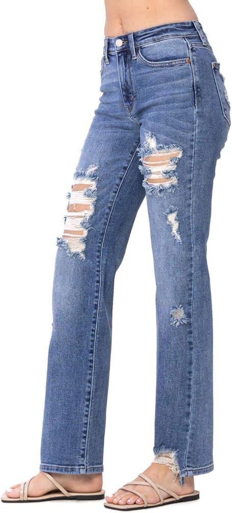 Judy Blue Women's Mid Rise Heavy Distressed Straight Jeans | Amazon (US)