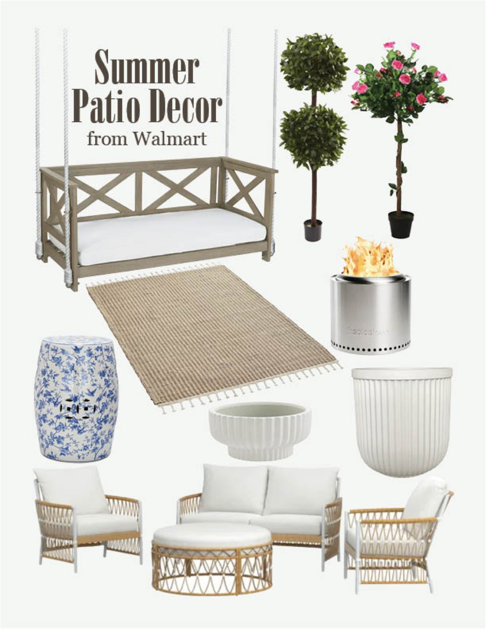 Summer patio decor from Walmart // Better Home & Garden conversation set // Porch swing // Nearly natural topiary 

#LTKSeasonal #LTKhome #LTKstyletip