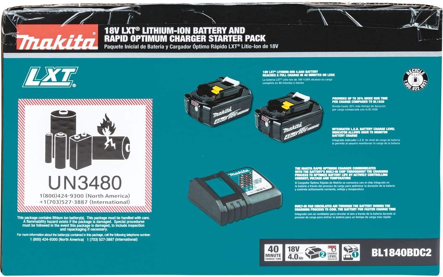 Makita BL1840BDC2 18V LXT® Lithium-Ion Battery and Rapid Optimum Charger Starter Pack (4.0Ah) | Amazon (US)