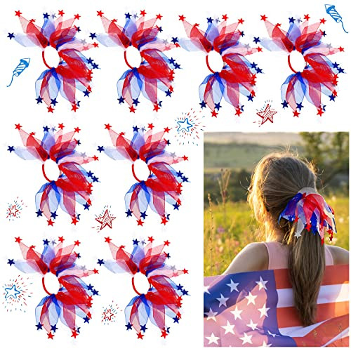 Retrowavy 8 Pcs 4th of July Hair Accessories Patriotic American Red White and Blue Hair Ties for Woman Elastic Scrunchies USA Patriotic Ponytail Holder Stars Memorial Day Independence Day Party | Amazon (US)
