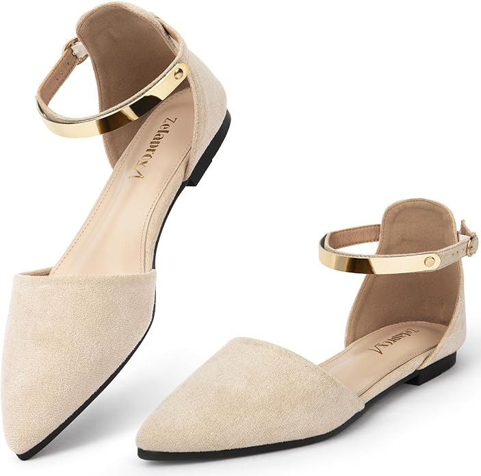 Zelaprox Women's Black Pointed Toe Flats Rhinestone Bow Ankle Strap Ballet Flats Comfortable Slip... | Amazon (US)