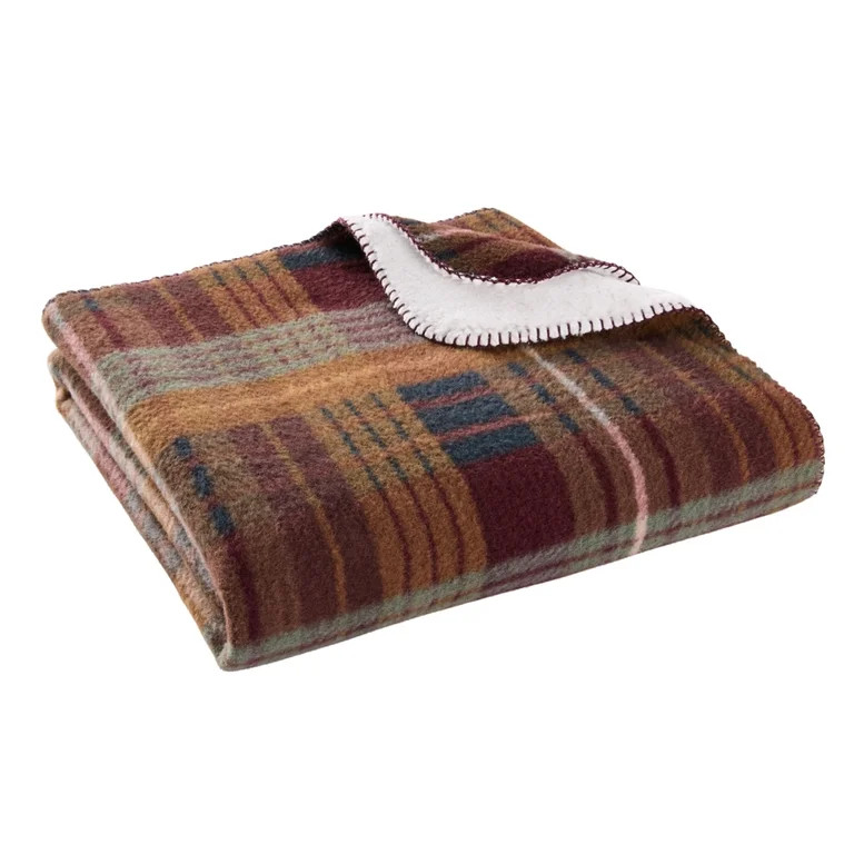 Better Homes & Gardens Plaid Reversible Faux Wool to Faux Fur Oversized Couch Throw Blanket, Crim... | Walmart (US)