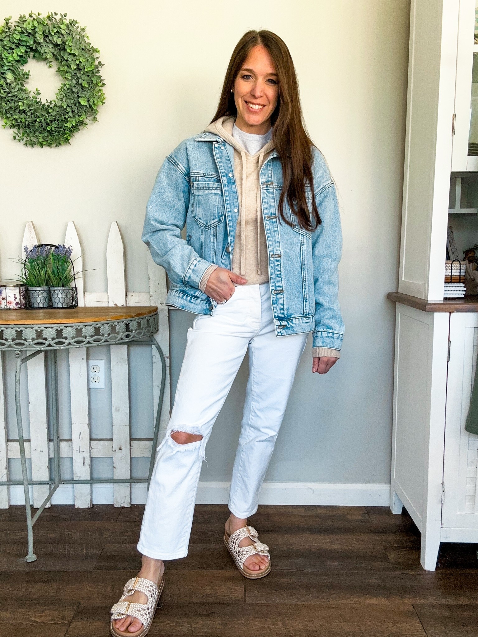 Love a good denim jacket! Perfect for spring 
Jacket small 
Sweater small 
Jeans up one size short option 
Shoes tts 

#LTKPetite #LTKStyleTip #LTKFindsUnder50