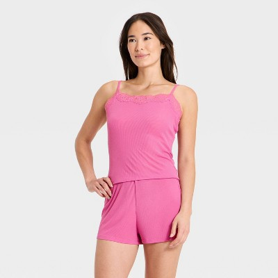 Women's Sheer Lace Trim Ribbed Tank Top and Shorts Pajama Set - Auden™ Rose Pink M | Target