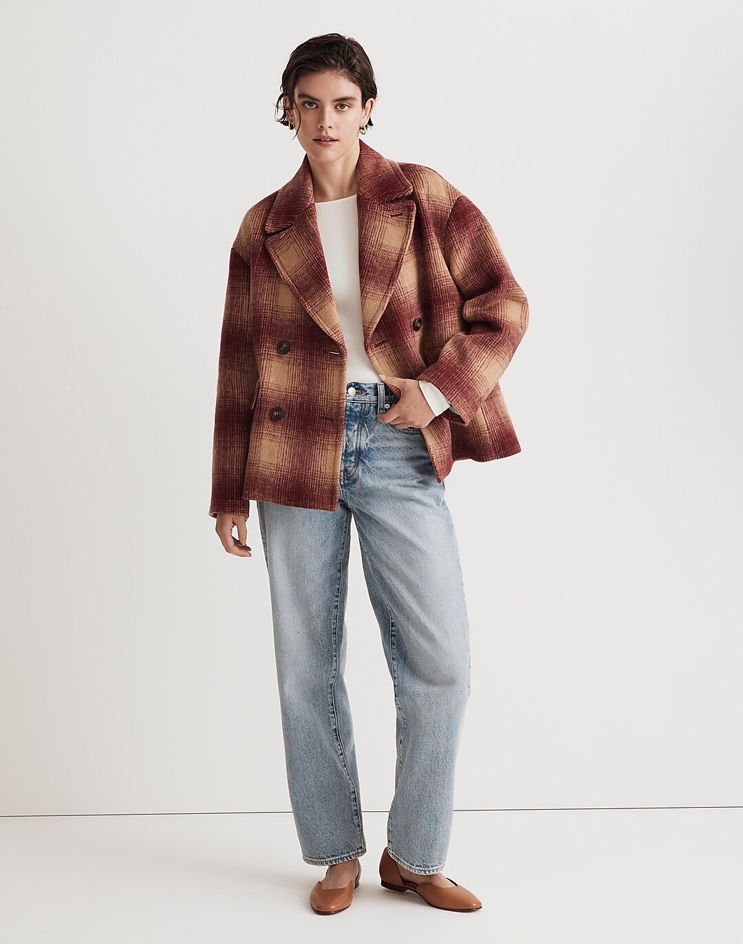 Brushed Double-Breasted Short Coat in Plaid | Madewell