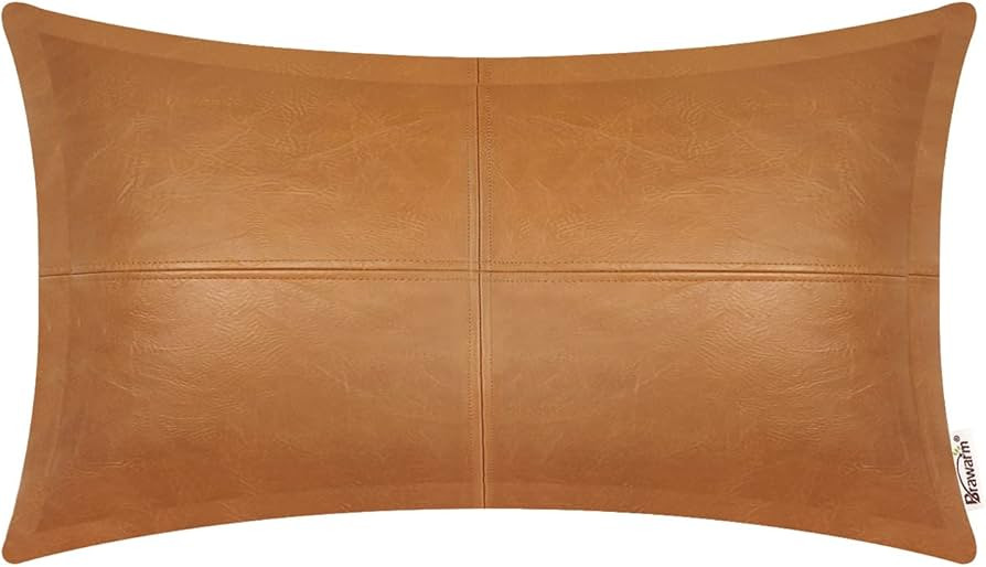 BRAWARM Tan Leather Throw Pillow 12 X 20 Inches, Faux Leather Pillow Cover with Piping, Hand Stit... | Amazon (US)