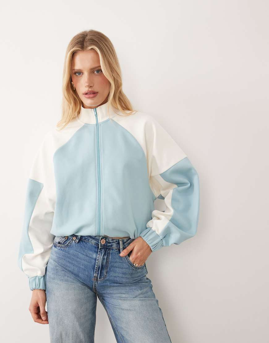 ASOS DESIGN interlock funnel neck zip up jacket with contrast piping in light blue | ASOS (Global)