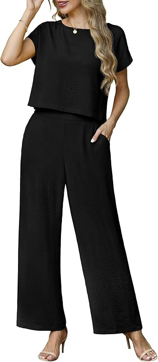 Lepunuo 2 Piece Sets for Women Summer Cap Sleeve Crop Top Wide Leg Pants Matching Lounge Set Vaca... | Amazon (US)