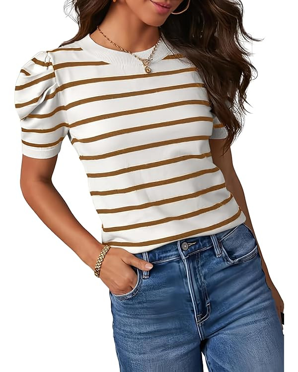Dokotoo Women's Short Puff Sleeve Knit Tops 2025 Trendy Crewneck Striped T Shirts Casual Summer B... | Amazon (US)