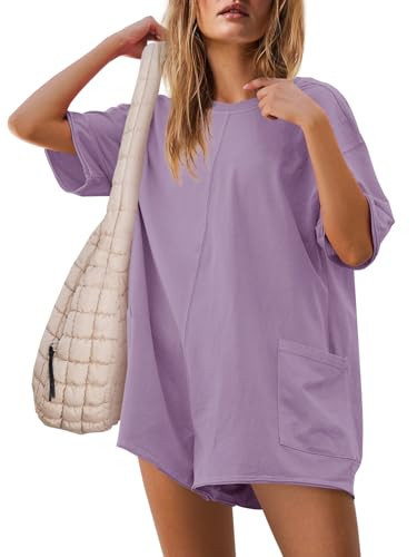 Yanekop Womens Summer Romper Casual Oversized Short Rompers Short Sleeve Workout Reversible Athletic Romper with Pockets(Light Purple,XL) | Amazon (US)
