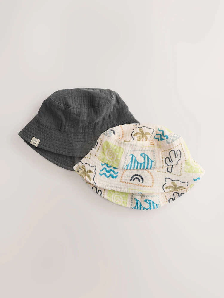Grey Stampy Printed Woven Baby Bucket Hats 2 Pack (0mths-2yrs) | Next US