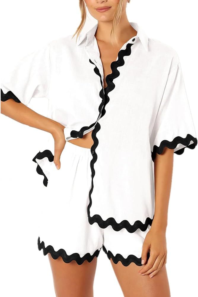 Misng Womens 2024 Summer 2 Piece Matching set Summer Beach Outfits Long Sleeve Oversized Shirts A... | Amazon (US)