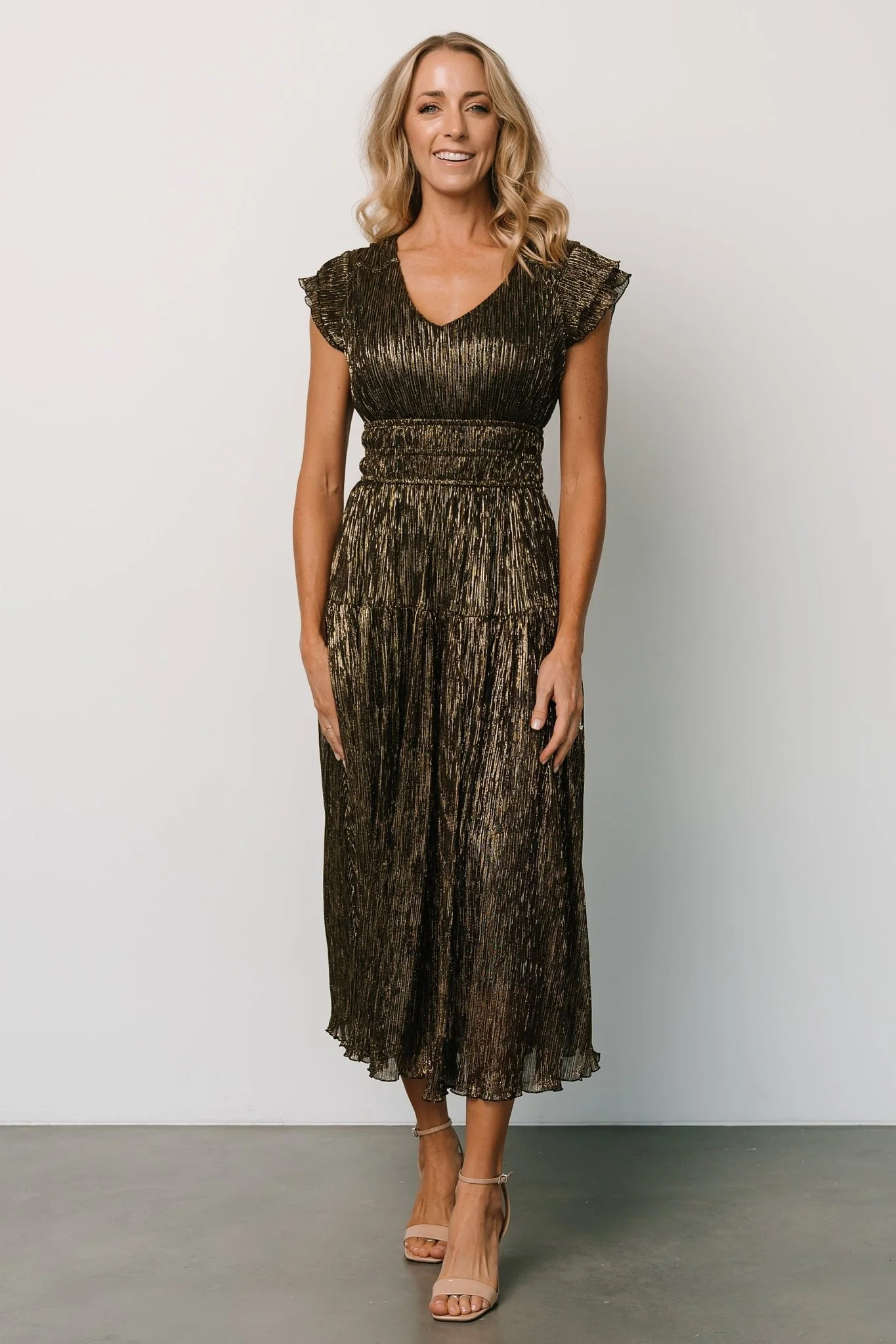 Miley Pleated Shimmer Dress | Gold | Baltic Born