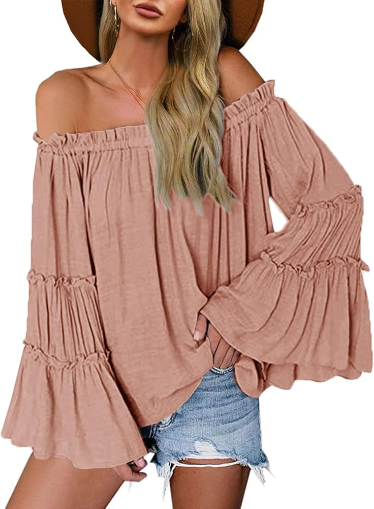 Womens Off The Shoulder Long Bell Sleeve Tops Flared Casual Loose Blouse | Amazon (US)