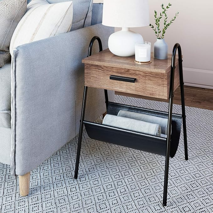 Nathan James Hugo Wood Nightstand, Rustic Accent End or Side Table with Drawer, Durable Black Met... | Amazon (US)