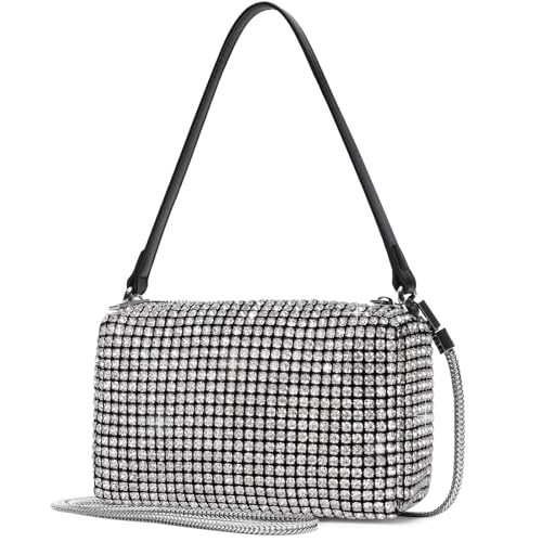 chefeggukk Bling Shiny Crossbody Bag Silver Rhinestone Purse Evening Handbag Wedding Prom Party Sparkling Clutches for Woman Girls (Silver, 7x 3.2 x 4.7 inch) | Amazon (US)