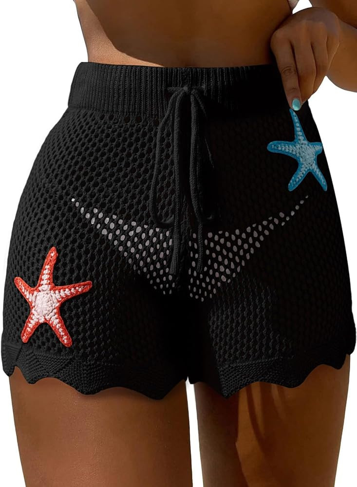 Dokotoo Womens Swim Shorts 2026 Embroidery Color Block Crochet Hollow Out High Waist Drawstring B... | Amazon (US)
