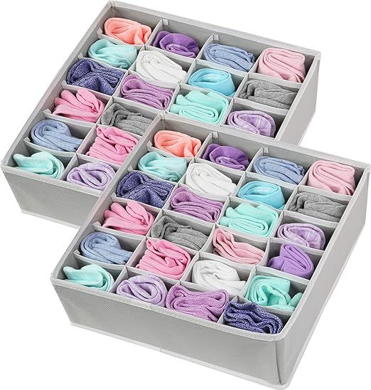 2 Pack - Simple Houseware Closet Socks Organizer, 24 Cell Drawer Divider, Grey | Amazon (US)