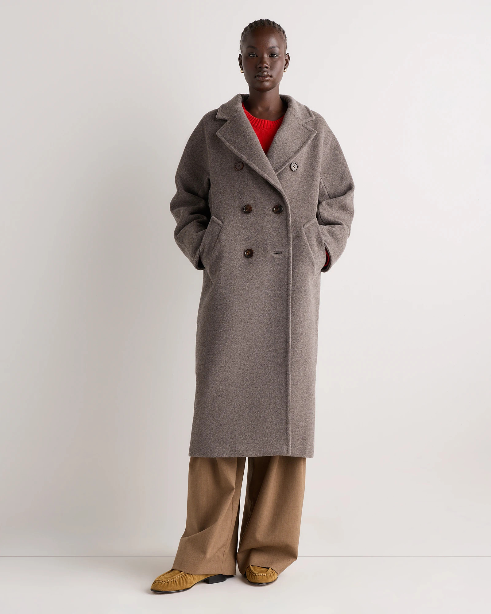 Quince | Women's Wool Cashmere Double-Breasted Belted Long Coat in Melange Sand Dune, Size Small | Quince