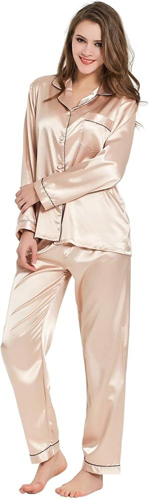 Ladieshow Women Pajamas Satin Ladies Pj Set Long Sleeve Sleepwear Two Piece Set | Amazon (UK)