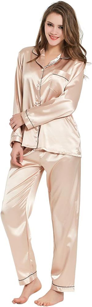 Ladieshow Women Pajamas Satin Ladies Pj Set Long Sleeve Sleepwear Two Piece Set | Amazon (UK)