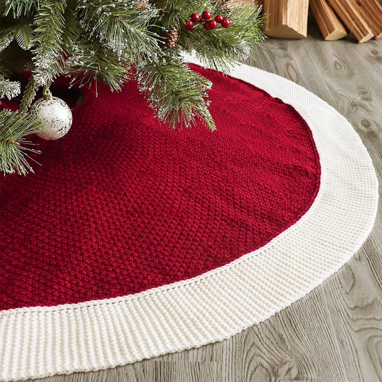 LimBridge Knitted Christmas Tree Skirt: 48 Inches Red Tree Skirt with White Edge, Linen Knit Thic... | Amazon (US)