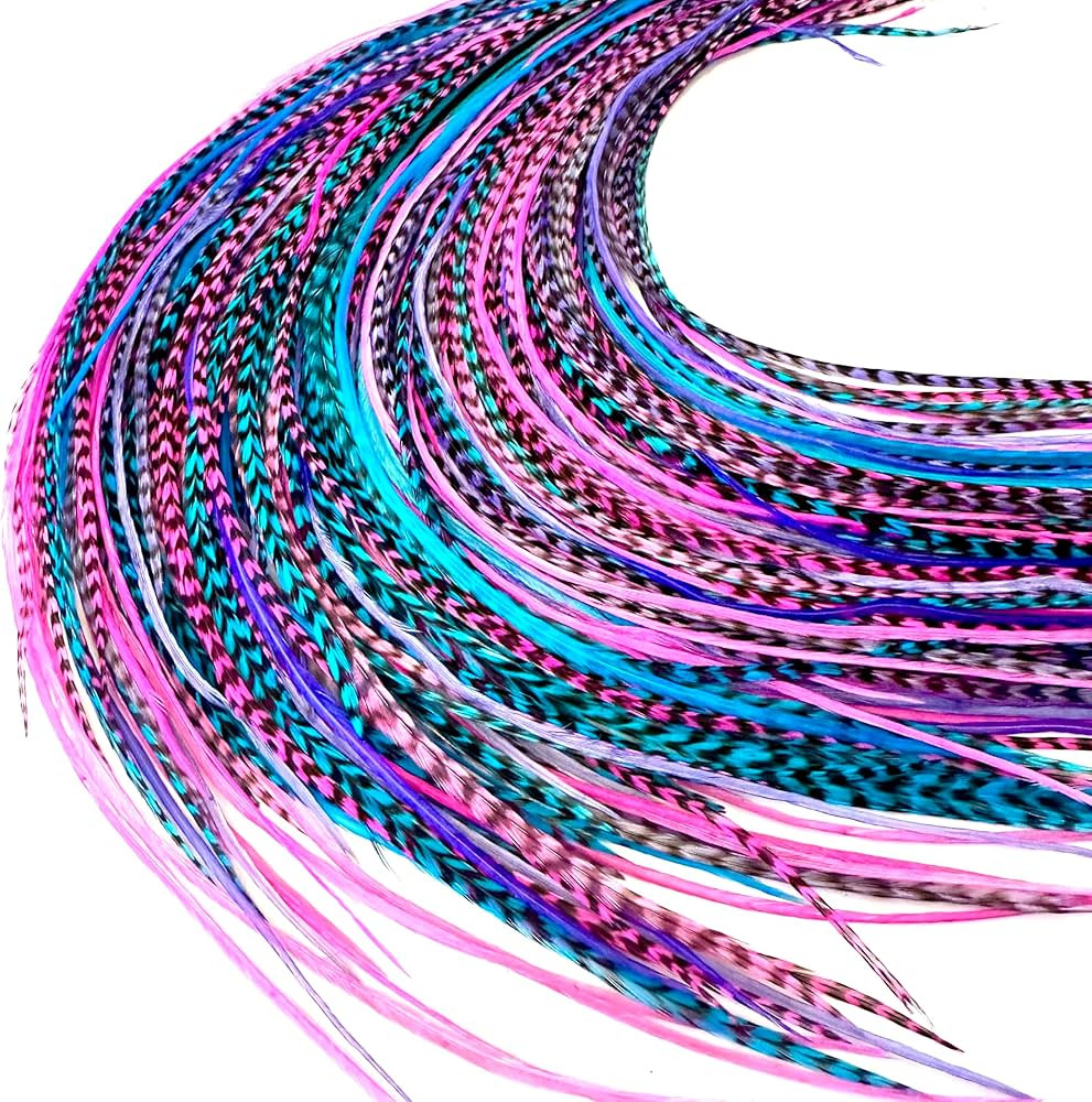 21 Purple Pink & Turquoise Color Hair Extensions – 9”–14” Long – DIY Rooster Kit with 2... | Amazon (US)