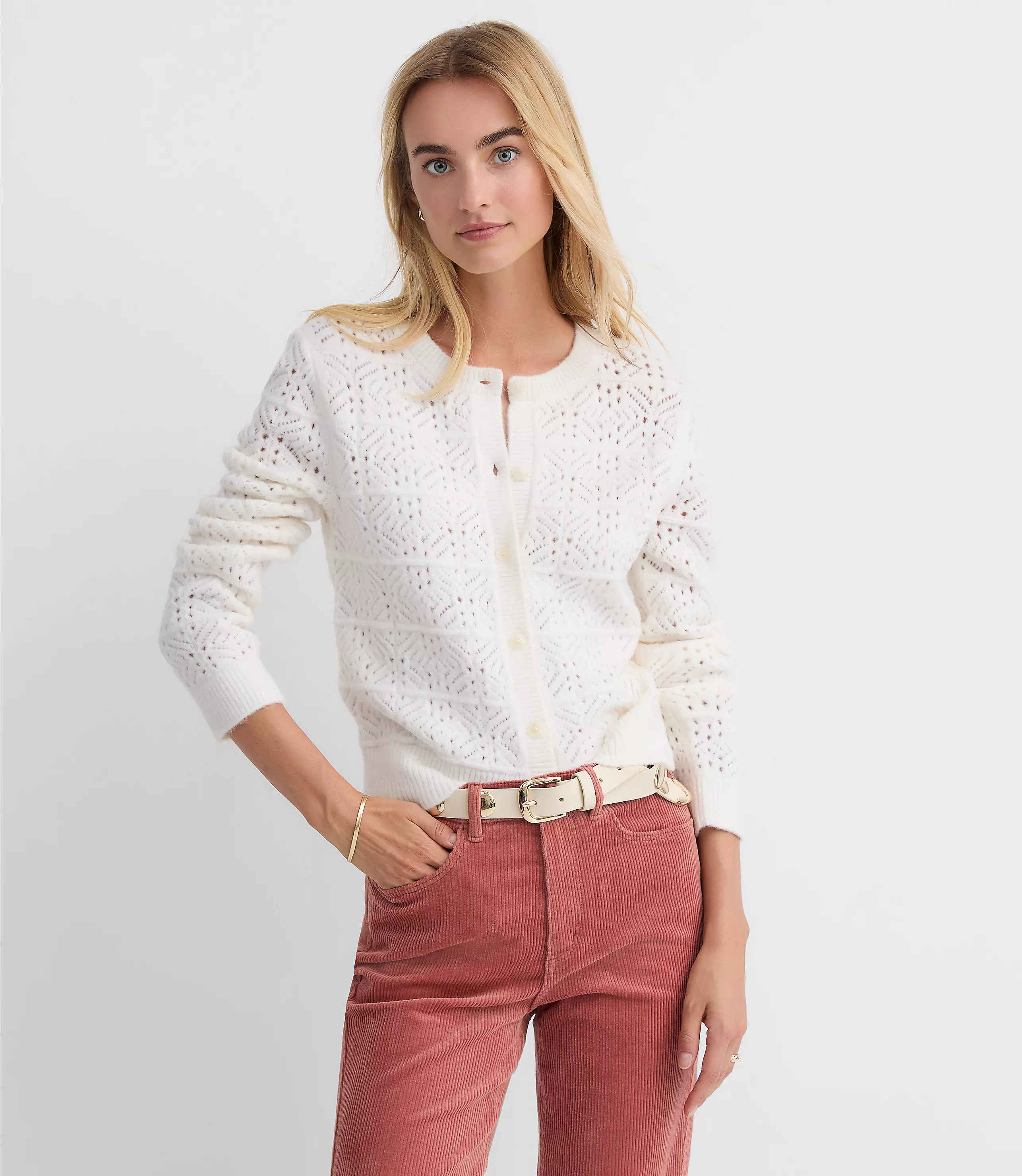 Petite Windowpane Pointelle Cardigan | LOFT