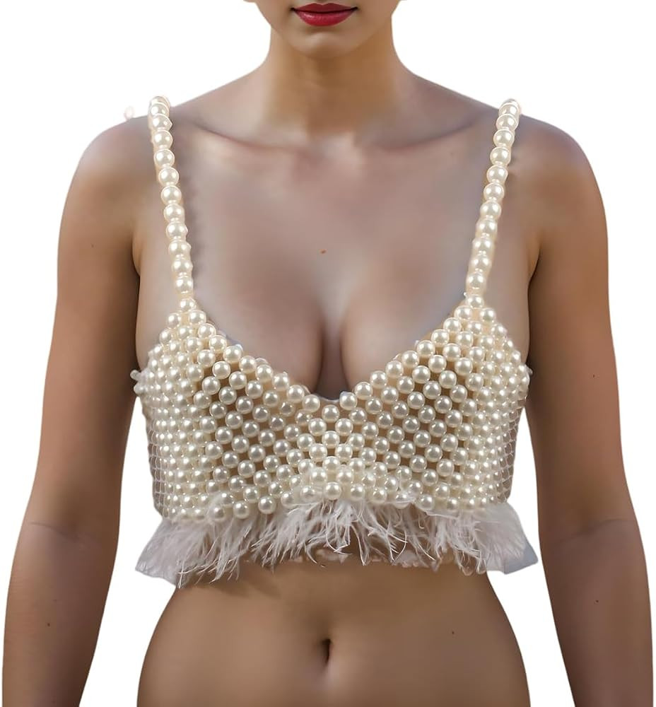 Pearl Body Chain for Women White Beads Statement Chunky Necklace Cover Up Crop Top Bra Jewelry Co... | Amazon (US)