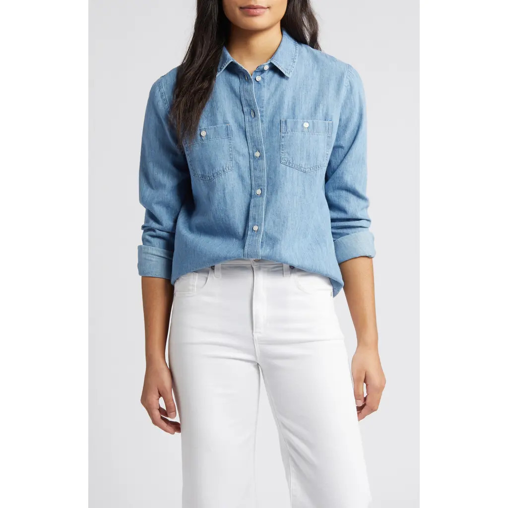Caslon® Cotton Chambray Button-Up Shirt in Medium Wash at Nordstrom Rack, Size Xx-Small | Nordstrom Rack