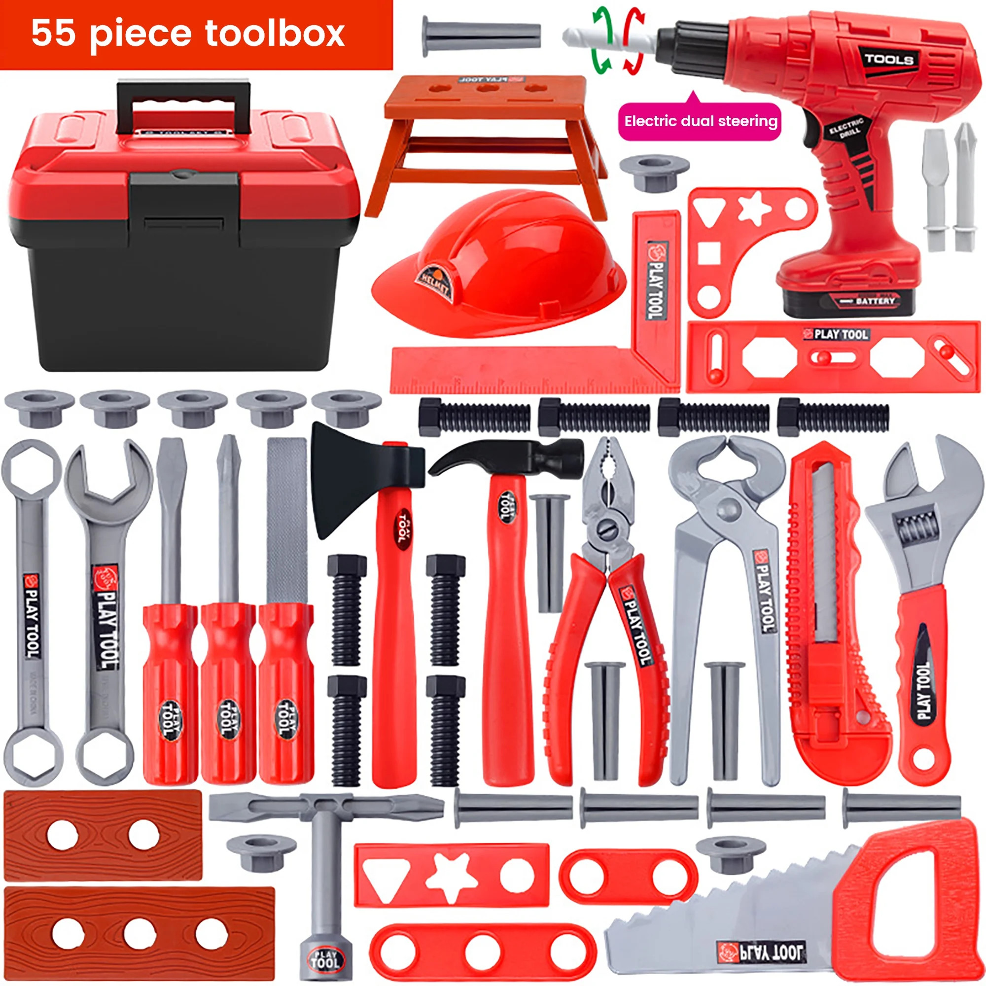 ALLJOY 55pcs Kids Tool Set,Pretend Play Construction Toys with Tool Box & Electronic Toy Drill Ch... | Walmart (US)