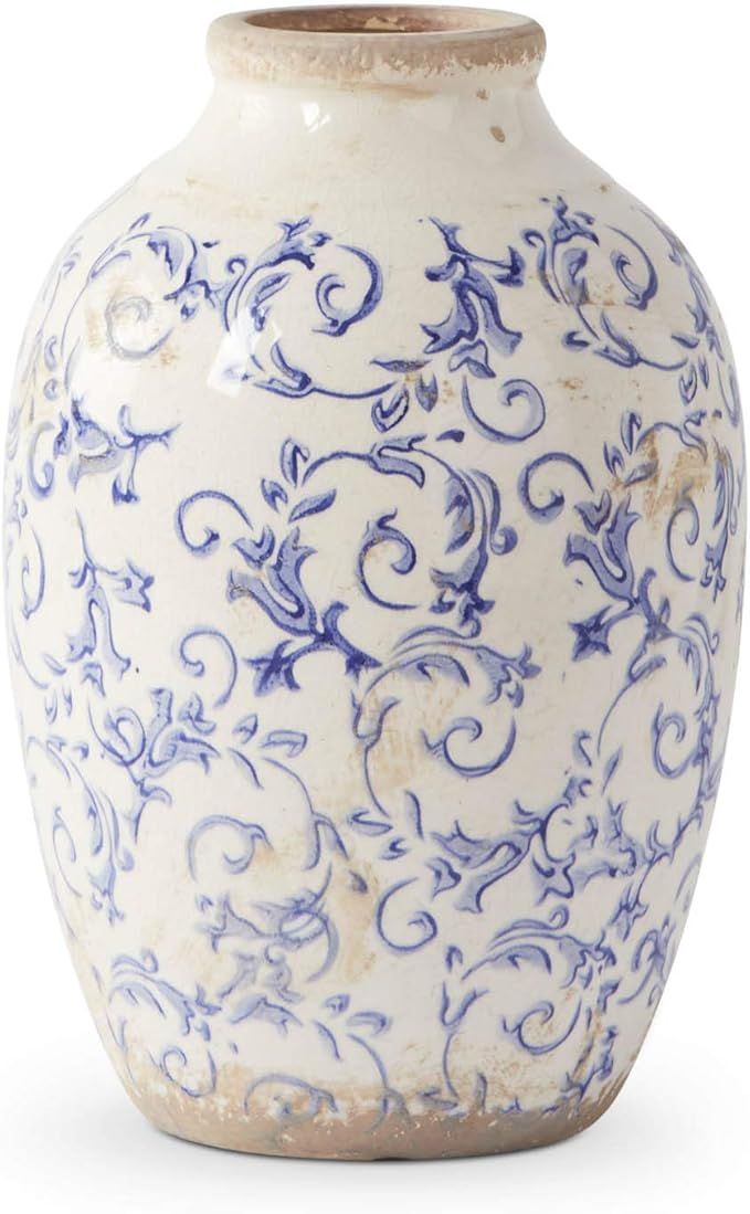 K&K Interiors 15298B-BL-3 10 Inch Vintage Blue and White Ceramic Vase | Amazon (US)