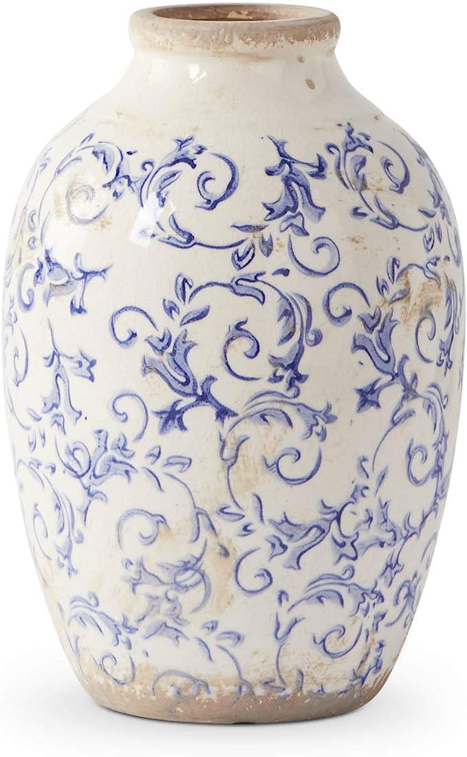 K&K Interiors 15298B-BL-3 10 Inch Vintage Blue and White Ceramic Vase | Amazon (US)