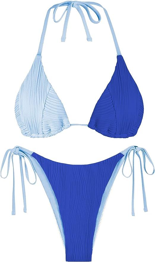 ZAFUL Bikini Sets for Women Halter Two Piece Swimsuit Ribbed High Cut Tie Side Thong Bathing Suit... | Amazon (US)