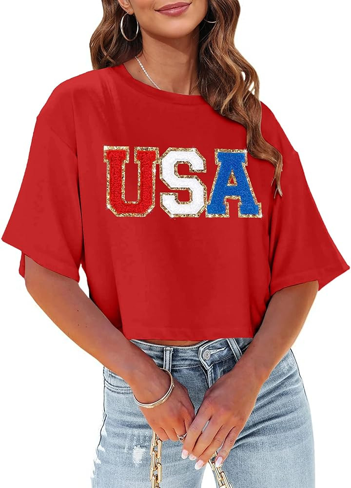 USA Shirts for Women American Star Sequin Crop Shirt Patriotic T-Shirt 4th of July Cropped Tees T... | Amazon (US)
