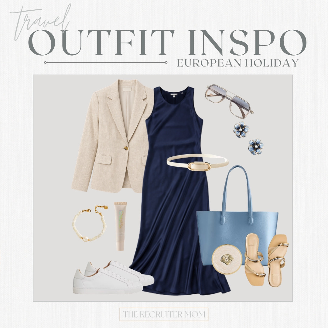 A navy silk slip dress + linen blazer is the combo that does it ALL on vacation 💙 Sneakers by day, swap to a strappy sandal by night — polished but so easy, y'all. This one's pure European holiday energy ✨

#LTKSeasonal #LTKOver40 #LTKTravel