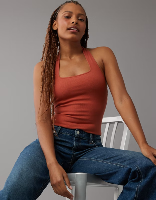 AE Square-Neck Main Squeeze Halter Bodysuit | Aerie