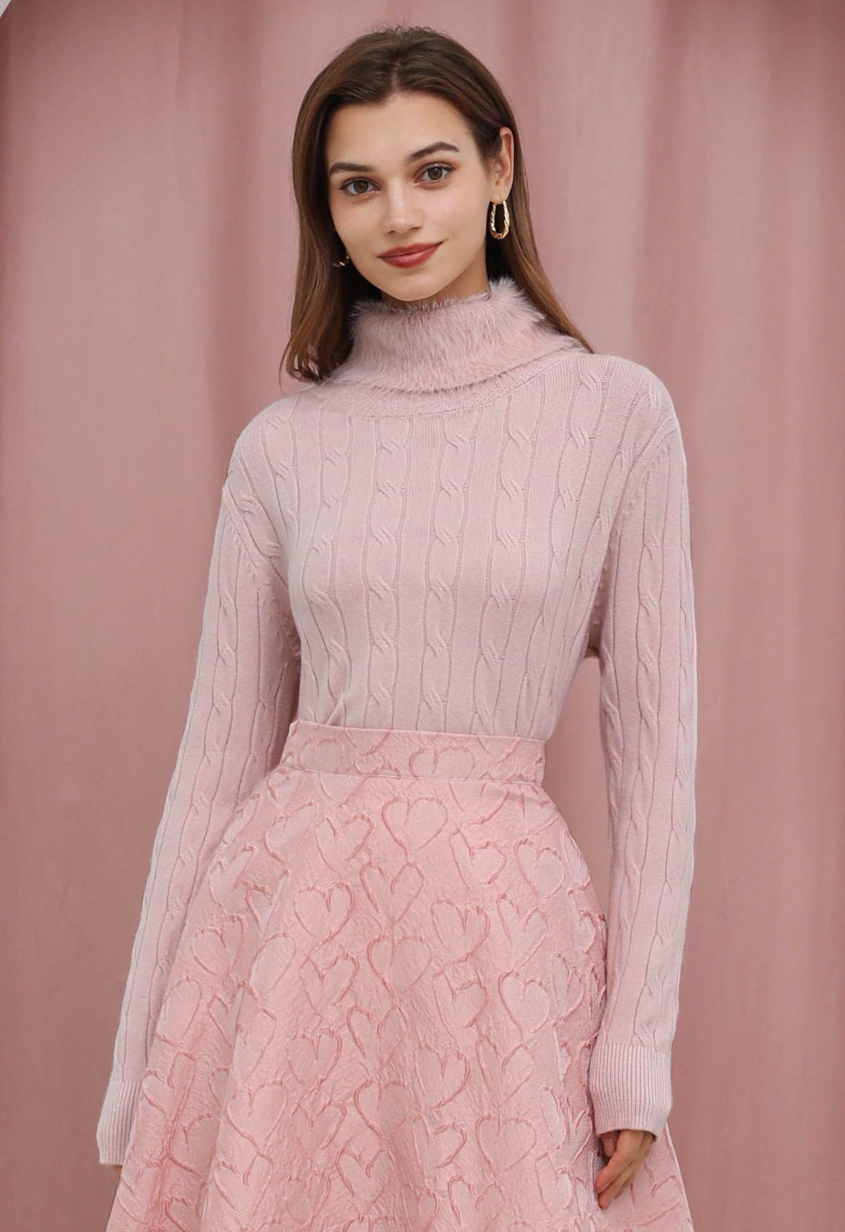 Soft Fuzzy Turtleneck Cable Knit Sweater in Pink | Chicwish