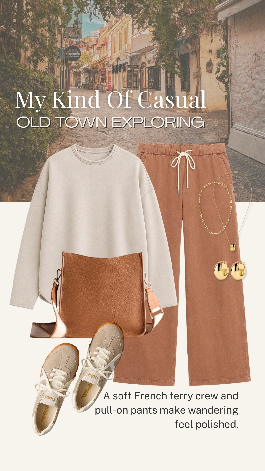 This is my kind of casual for exploring a new town: a soft French terry crew, relaxed pull-on pants, and comfortable sneakers. The warm terracotta and neutral palette feels polished without trying too hard, and these easy pieces are perfect for travel days or wandering from one stop to the next.

💡 LTK MADE EASY
❤️ Heart = Support my posts!
🔖 Save = Get sale & restock alerts
📋 Lists = Keep favorites organized
📲 Share = Send lists and products to a friend. Hello, Christmas List!
💬 Comment = Ask me anything about what I’m wearing.:-)

#LTKootd #LTKOver40 #LTKTravel