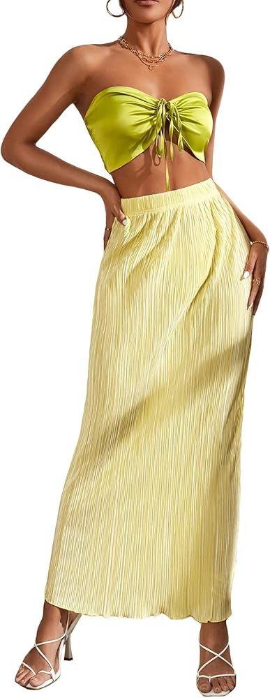 OYOANGLE Women's 2 Piece Outfits Off Shoulder Shirred Back Drawstring Ruched Front Crop Tube Top ... | Amazon (US)