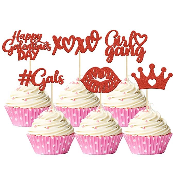 Gyufise 24 Pack Galentine's Day Cake Decorations Red Glitter Happy Galentines Day Cupcake Toppers... | Amazon (US)
