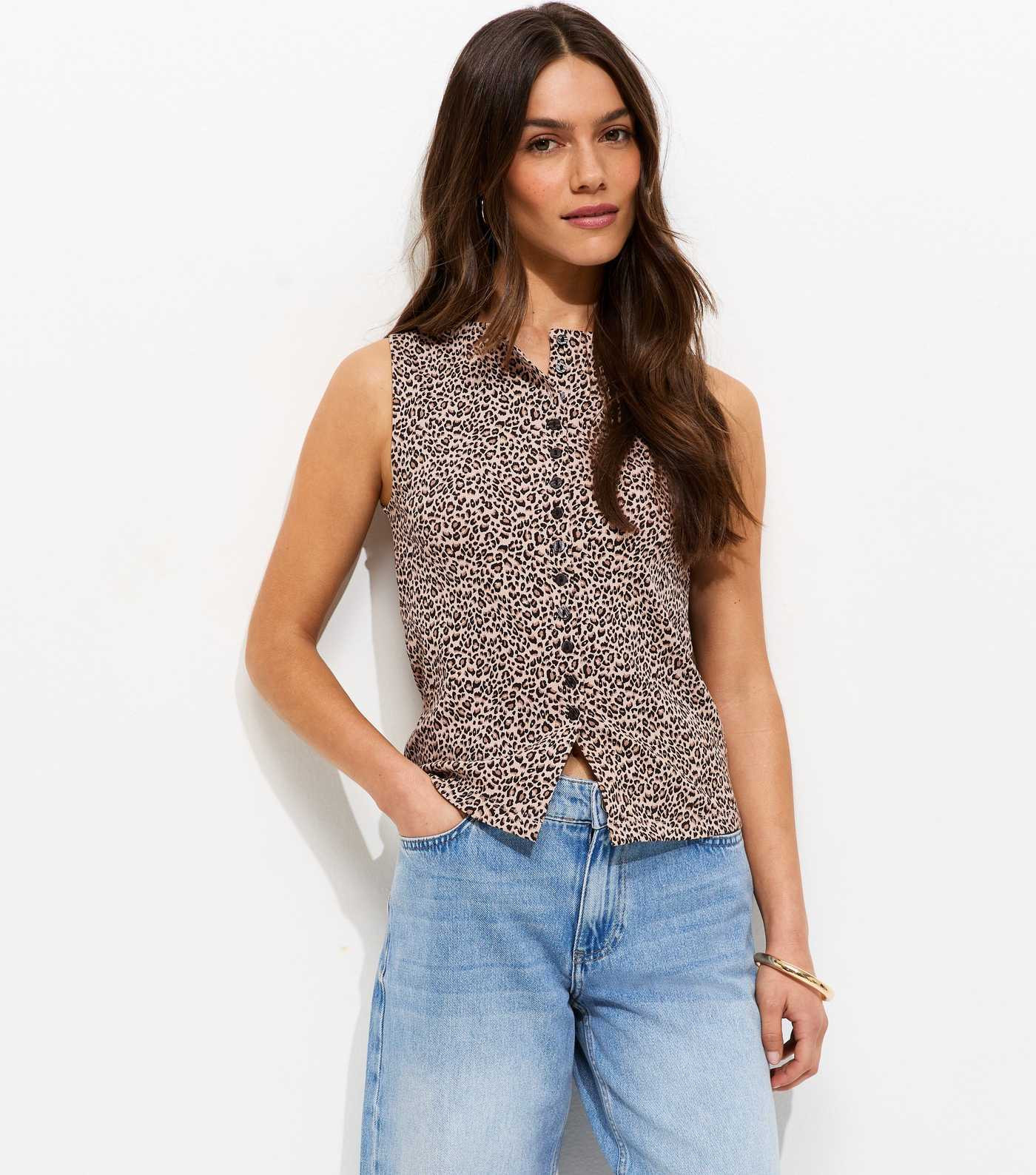 Petite Brown Leopard Print Button Through Top | New Look | New Look (UK)