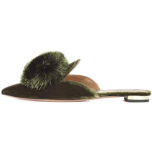 Divanne Mules for Women, Puff Pompom-Embellished Slip On Loafers Backless Pointed Toe Satin Mule Slides-Green-8.5M US | Amazon (US)