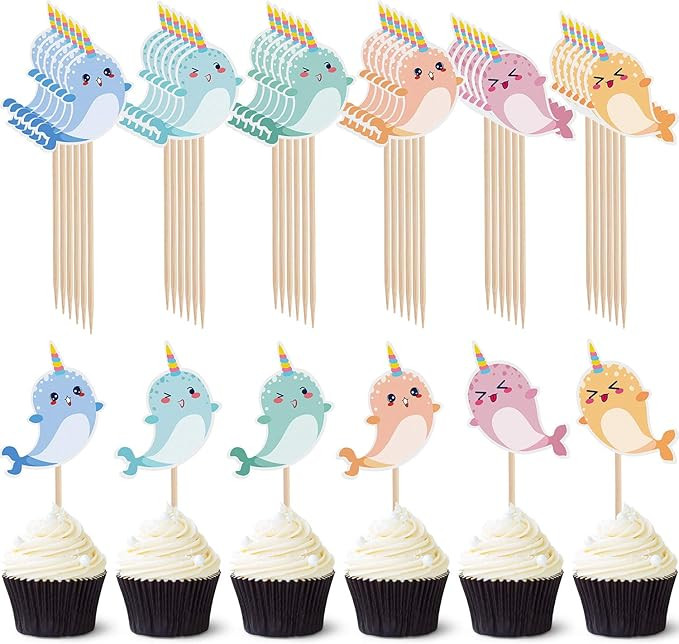 Amazon.com: 48 Pcs Narwhal Cake Toppers Narwhal Cupcake Toppers Ocean Birthday Party Decorations ... | Amazon (US)