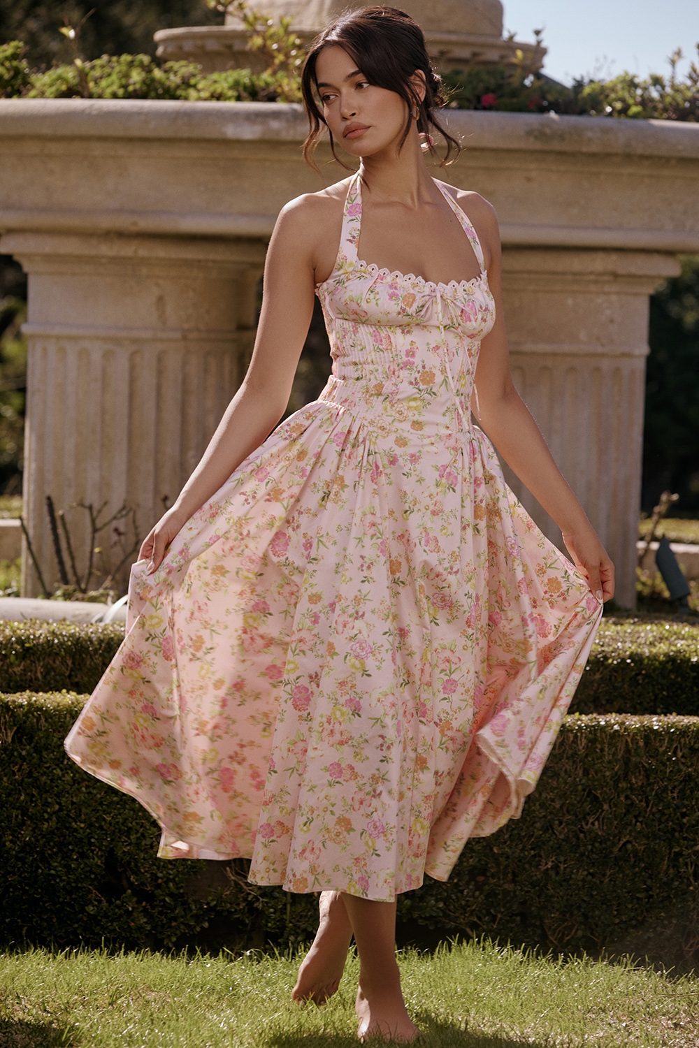 pink meadow print cotton halter midi sundress | House of CB