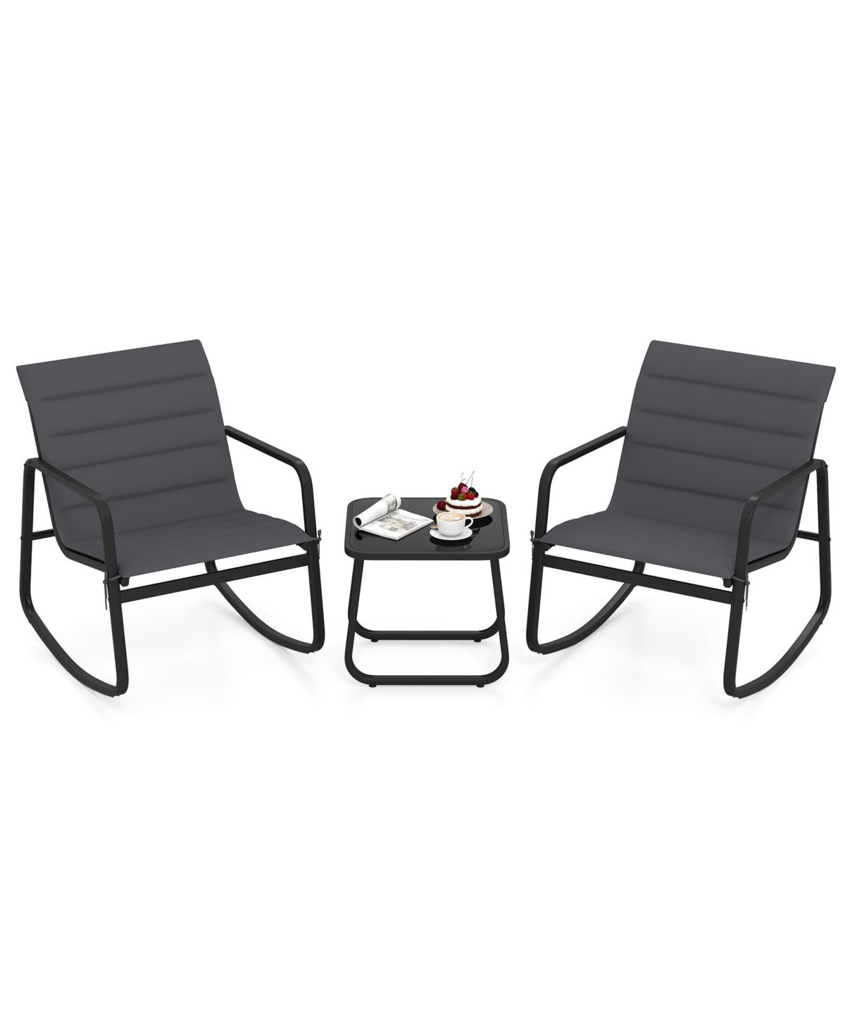 Gymax 3PCS Outdoor Rocking Bistro Set w/Tempered Glass Table Soft Cushions for Garden - Grey | Macy's