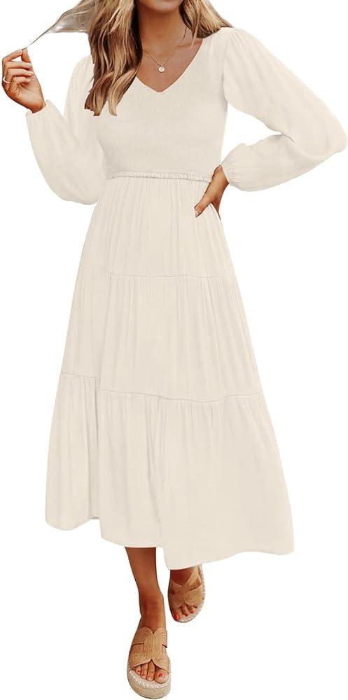 MEROKEETY Women's 2024 Casual Long Sleeve Smocked Dress V Neck High Waist Ruffle Tiered Midi Dres... | Amazon (US)