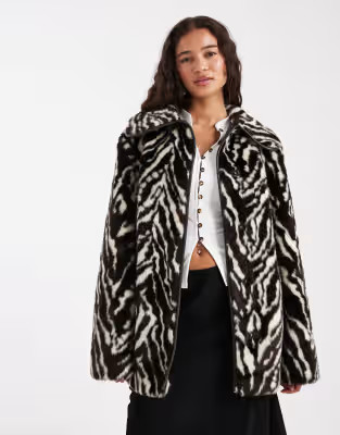 Miss Selfridge faux fur belted mid length coat in zebra | ASOS | ASOS (Global)