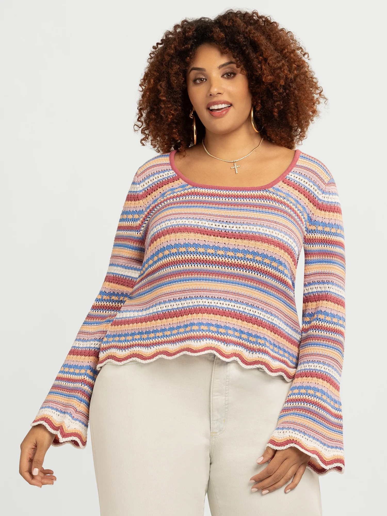 Jessica Simpson Women's Lilianna Cotton Pointelle Sweater with Long Sleeves, Lightweight, Sizes X... | Walmart (US)