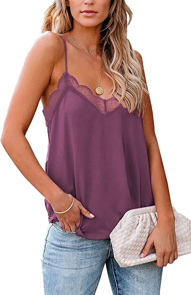 lime flare Sexy V Neck Lace Trim Cami Tank Tops | Amazon (US)